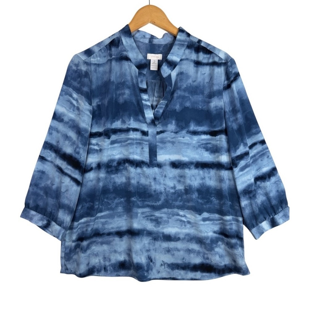 Chico's Tie Dye Striped V-neck 3/4 Sleeve Blouse size 2 (US Large) Blue